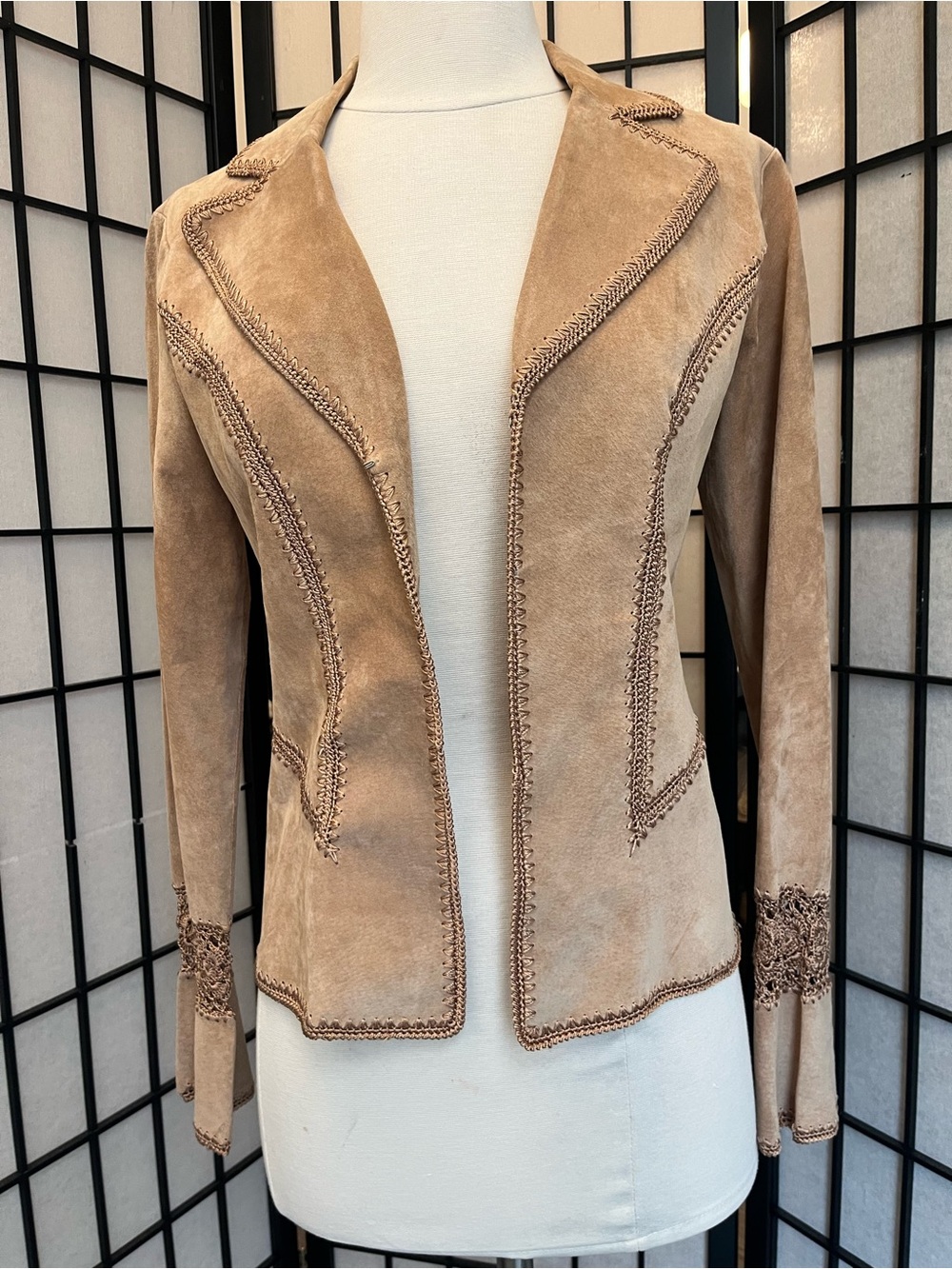 Cache Tan Suede Embroidered Trim Jacket